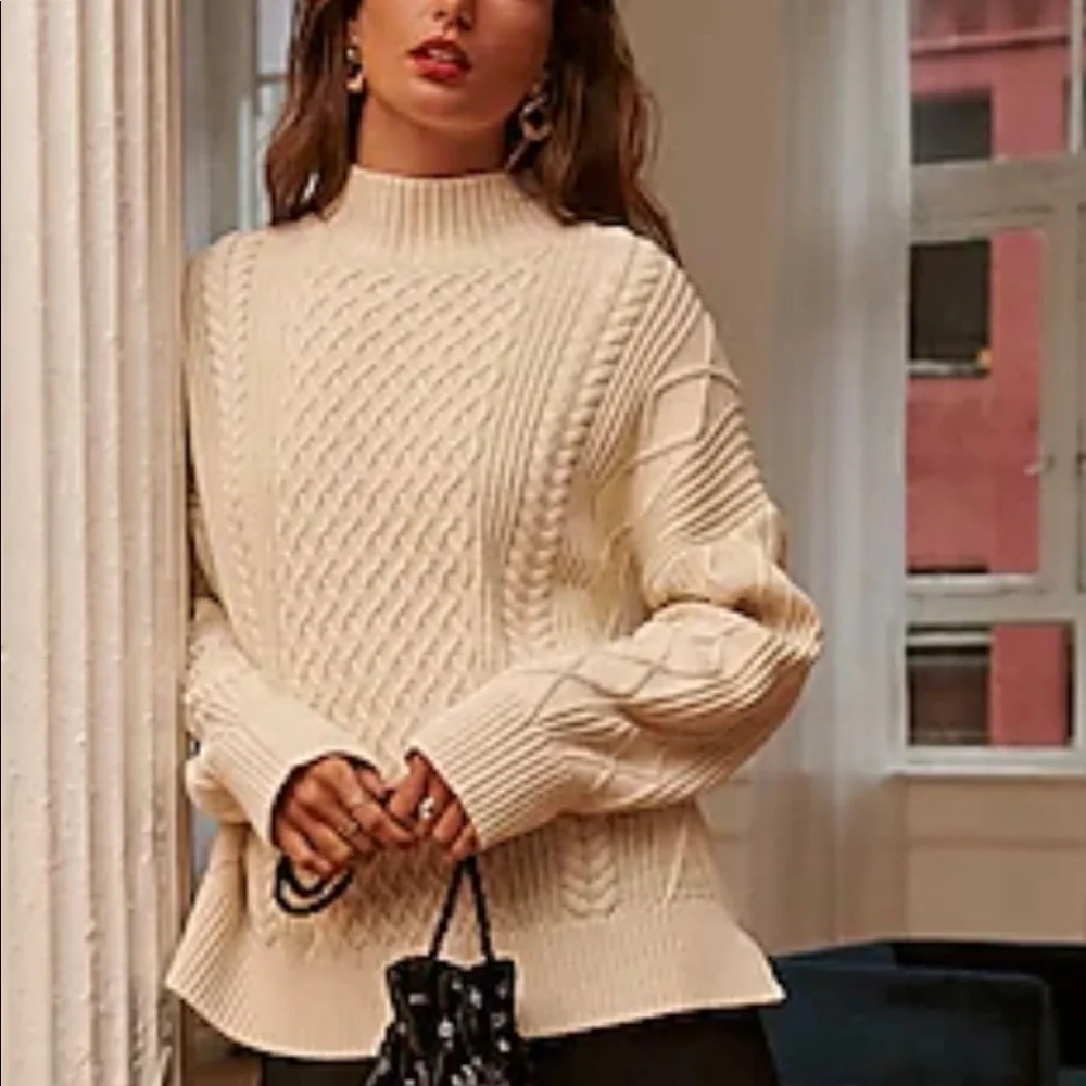 J Crew Long Cotton Cable Knit Mockneck Sweater Style BD709 - Picture 1 of 16
